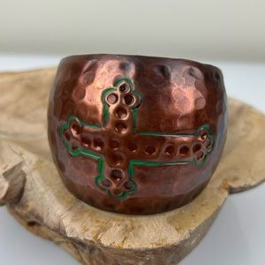 Cross Hammered Copper Color Cuff Bracelet, Teal Accent Color